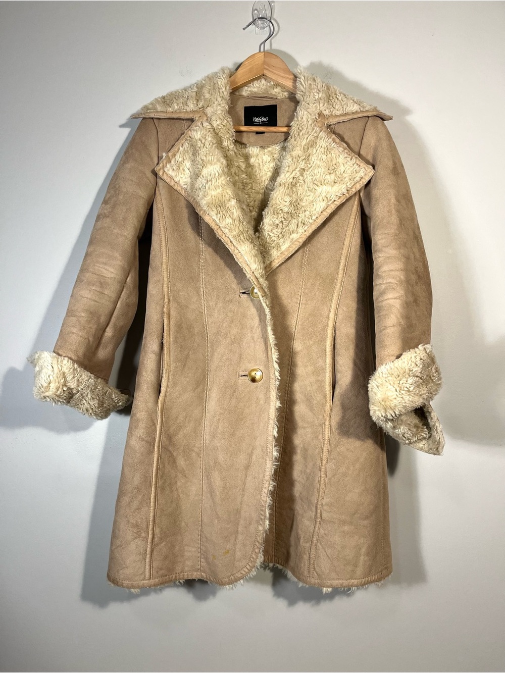 Mossimo Tan Faux Suede Coat Faux Fur Shearling Lining 70s Vintage Inspired